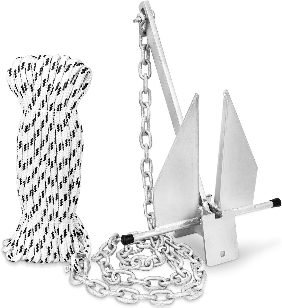 Boat Anchor Kit Fluke Anchor with Chain and Anchor Rope Set for Boats Pontoon, Deck, Fishing, and Sail, 20-32FT Boats, 13LB