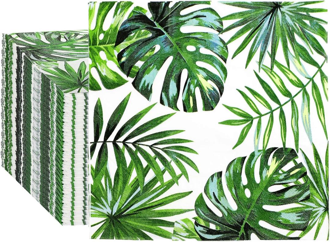 Engrowtic 100 Pcs Tropical Palm Leaf Napkins Luncheon Paper Hawaiian Luau Napkins 6.5 x 6.5'' Square Safari 2 Ply Disposable Jungle Baby Shower Party Decorations for Summer Birthday Supplies