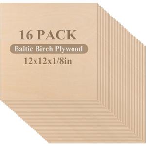16 Pcs Baltic Birch Plywood 1/8" Plywood Sheets 12" x 12" Inch Thick Birch Unfinished Wood for Arts and Crafts, DIY Projects, Drawing, Painting, Laser, Wood Engraving