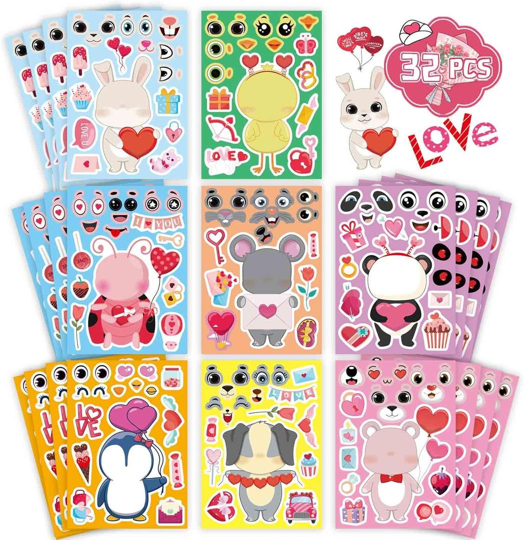 32 Sheets Valentine Stickers for Kids, Valentines Crafts Heart Love Sticker Make a Face Stickers, Make Your Own Animal Stickers Valentines Gifts for Kids Classroom Valentine Goodie Bags Party Favors