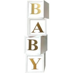 Baby Shower Boxes Party Decorations - 4pcs Stereoscopic White Gold Boxes with Gold Baby+A-Z Letters, Babe Balloon Party Box Blocks for Teddy Bear BabyShower, Boy Girl 1st Birthday Parties Backdrop
