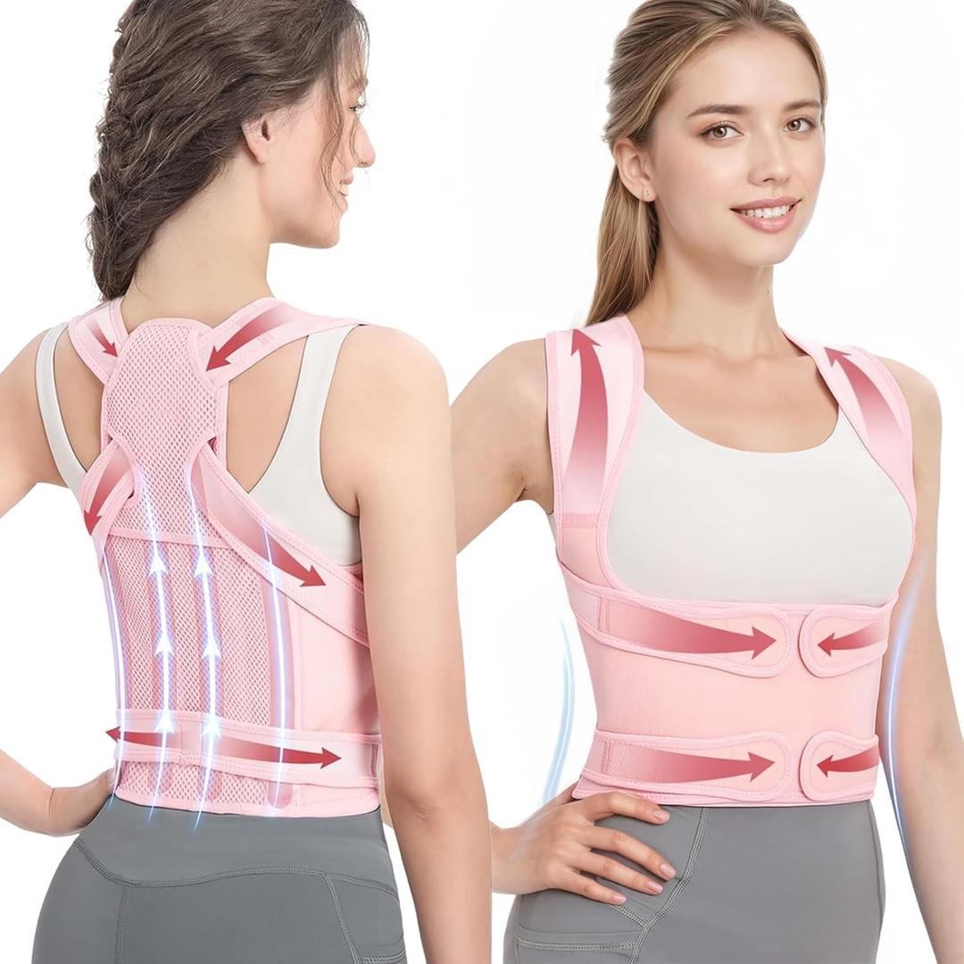 Posture Corrector for Women & Men, Adjustable Back Brace with Full Back & Shoulder Support, Spine Alignment for Upper Back Pain Relief, Scoliosis & Hunchback(Pink,Large)