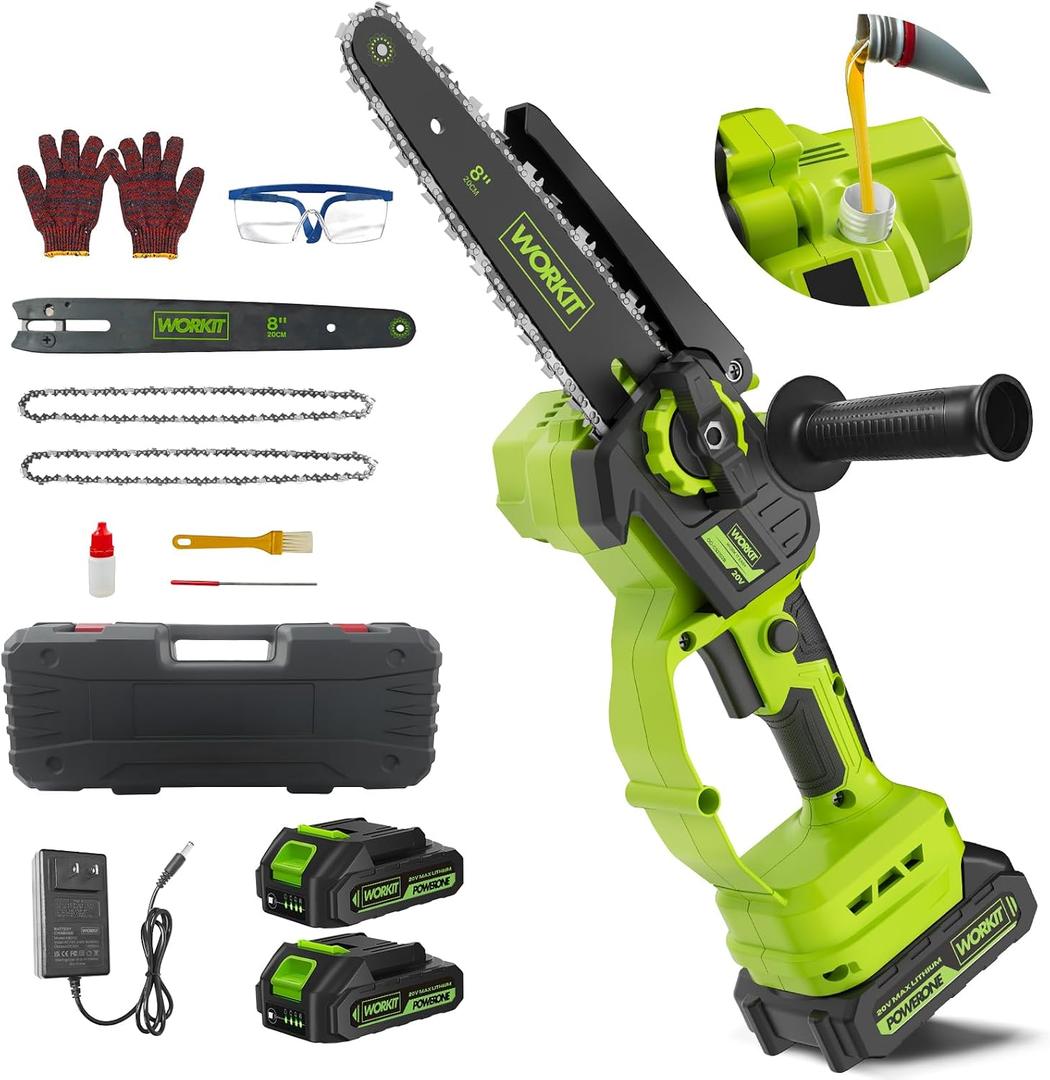 WORKIT Mini Chainsaw Cordless, 8-Inch Electric Chainsaw with 2 Battery, Handheld Battery Powered Chain Saw with Auto Oiler, Tool-Free Tension, Small Electric Saw for Branch Trimming Wood Cutting