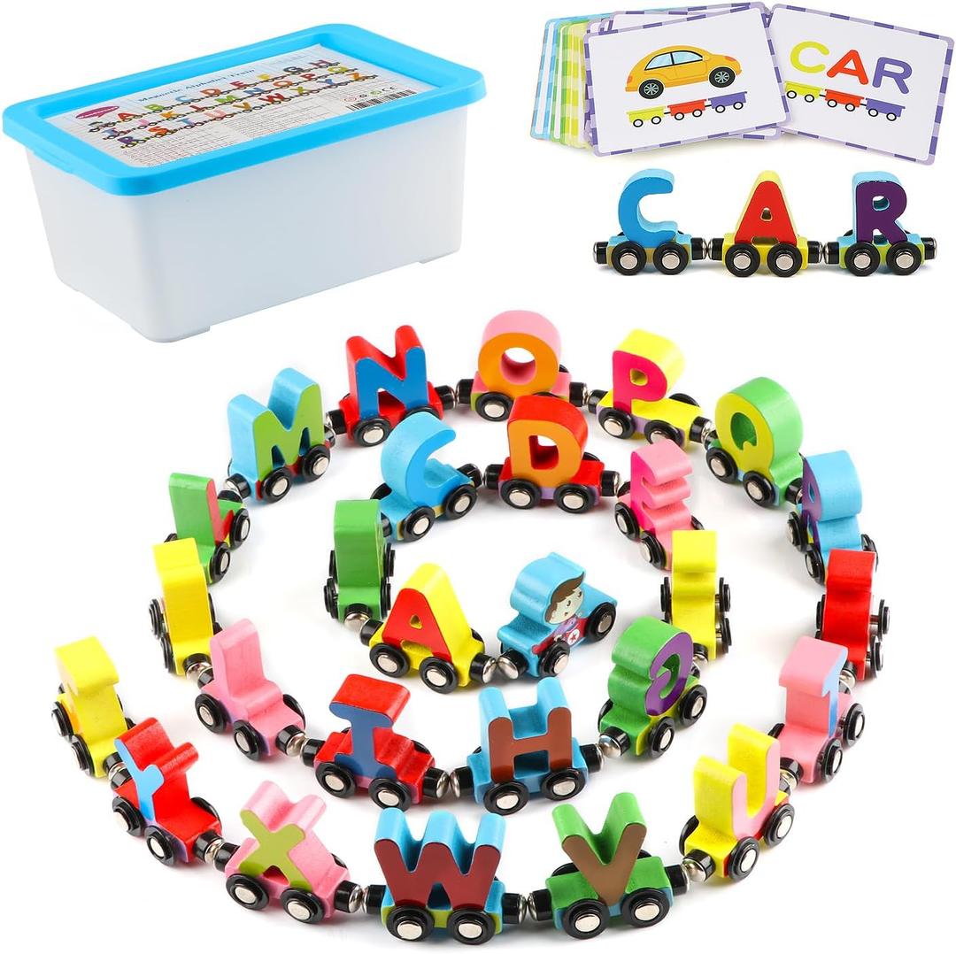Wondertoys Wooden Alphabet Train Toy 27 PCS Magnetic Alphabet ABC Letter Train Set Includes 42 PCS Flash Cards, 1 Engine and 1 Storage Box for Toddlers Kids Boys and Girls
