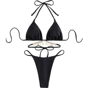 Milumia Women's Triangle String Bikini Set 2 Piece Metal Chain Tie Side Halter Swimsuit High Cut Thong Bathing Suit (Medium, Black)