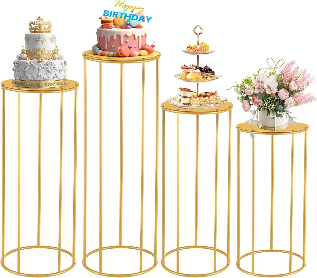 4 Pcs Reinforced Cylinder Pedestal Stand for Party - 35.43 in Gold Cylinder Cake Table Display Set Flower Stand for Wedding Birthday Party Home Patio Decor Plant Stand (Assembly Required)
