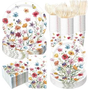 400 Pcs Wild Floral Disposable Paper Plates Napkins Cups Serve 50 Watercolor Floral Tableware Set for Spring Wedding Tea Party Decoration Bridal Shower Baby Shower(Cute Color,Novel Style)