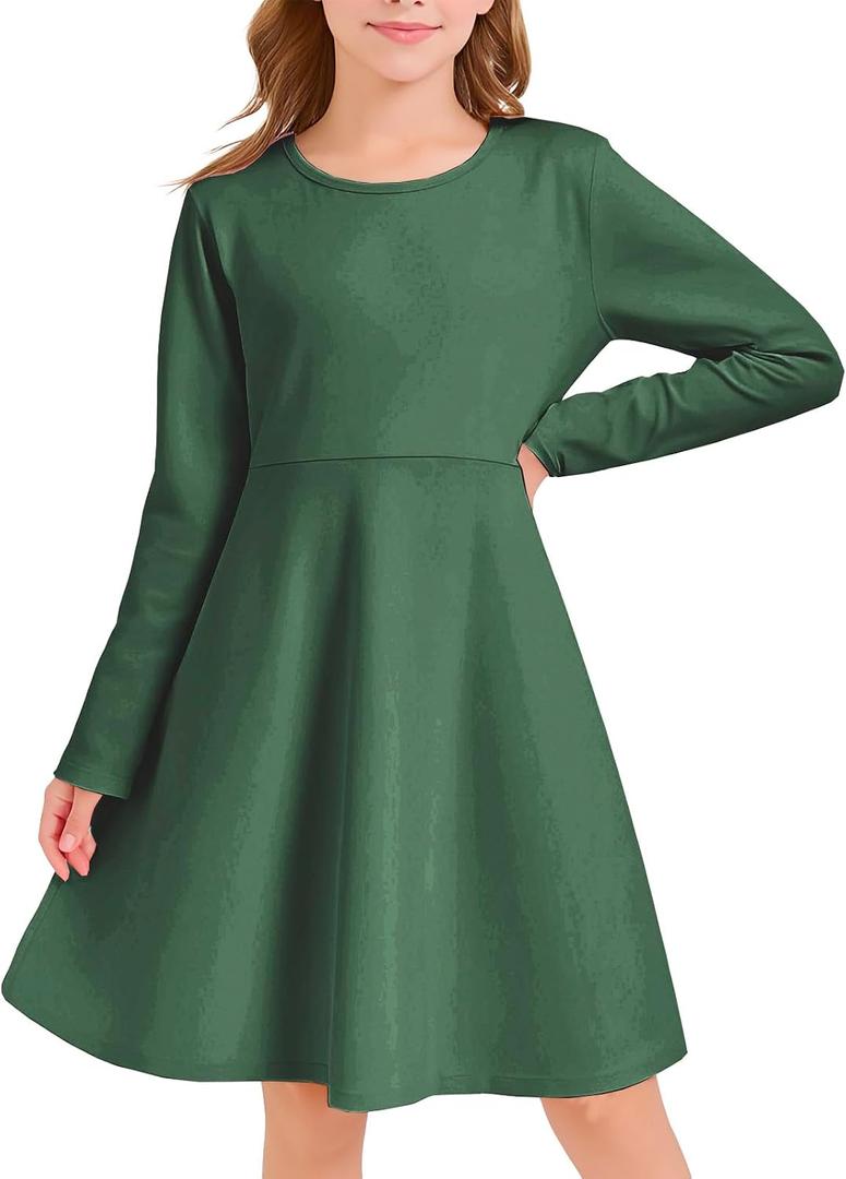 CharmWM Girls Long Sleeve Skater Dress Kids Fall Crewneck Holiday Party Dresses with Pockets