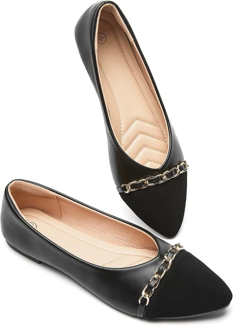 BABUDOG Women's Black Flats Shoes,White Dress Shoes for Women,Crimping Faux Suede Ballet Flats Comfortable (8)