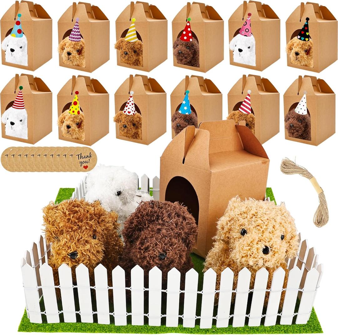 68 Pcs Adopt A Puppy Party Favors Set with 16 Mini Plush Teddy Dog 16 Hats 16 Paper Boxes 16 Adoption Card and Blackboard Chalk Fence Artificial Lawn for Adopt Birthday Party Supplies (Color Style 1)