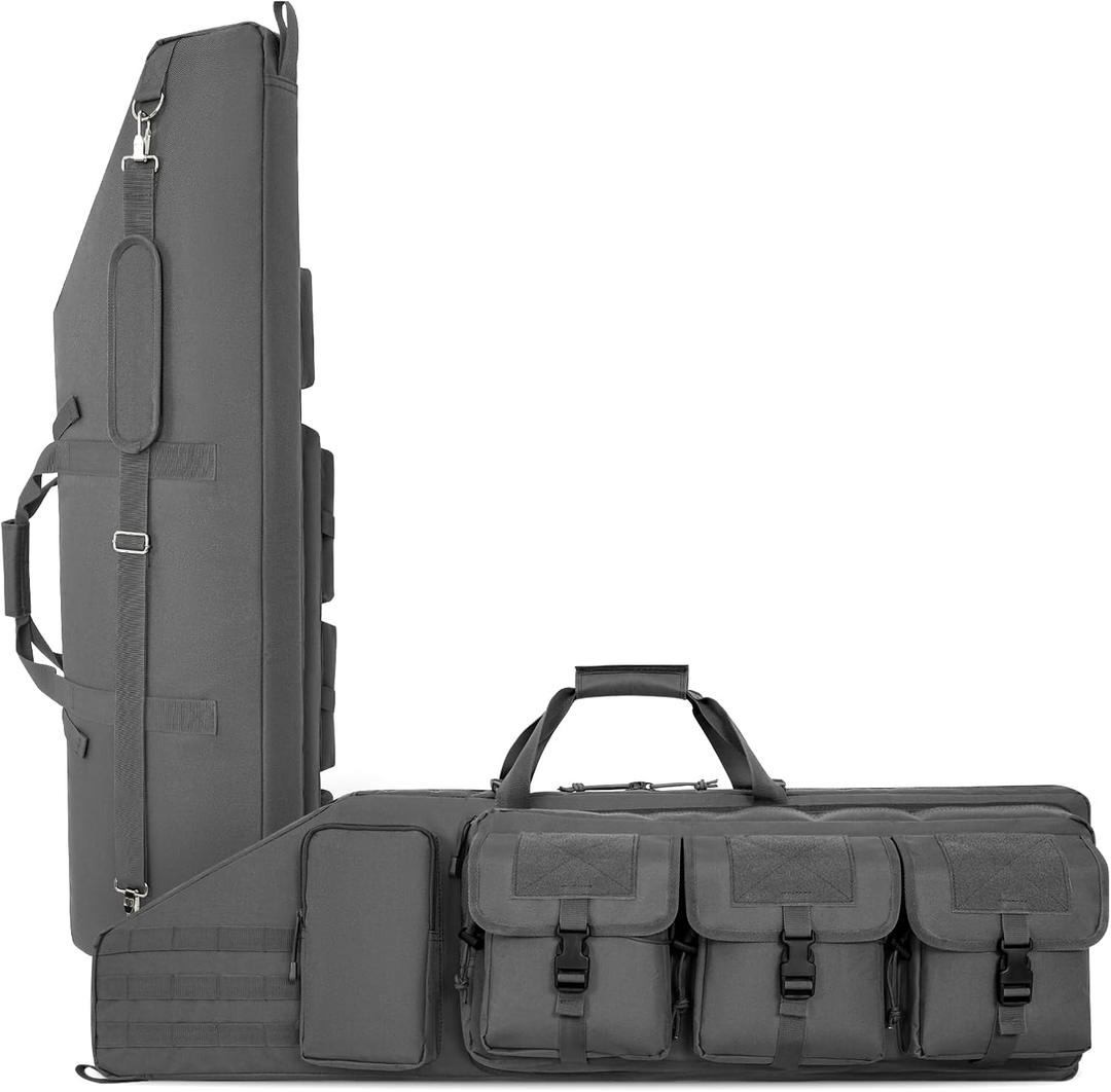 DULCE DOM Double Rifle Case 36/42/48 inch Soft Gun Bag Tactical Backpack with Removable Dividers for Hunting Shooting Range, MOLLE System Multiple Magazine Pouches & Accessory Bags (Grey)