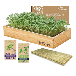 Self-Watering Microgreens Growing Kit – Easiest Way to Grow Fresh Microgreens at Home. Includes Reusable Tray, Organic Seeds, Grow Mats & Stylish Bamboo Frame – No Soil, No Mess (Salad & Broccoli)