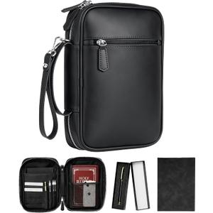 Leather Bible Bag, Portable Bible Case for Men with Detachable Wrist Strap,Leather Carrying Case Includes Notebook & Pen, Ideal Christian Religious Gift for Men & Women (Matte Black)