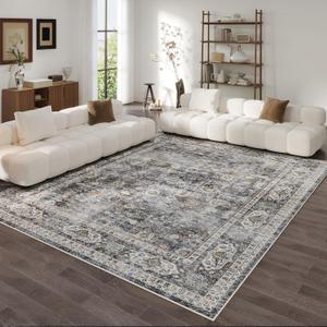 9x12 Rug Washable Boho Rug Soft Large Area Rug Non-Slip Non-Shedding Faux Wool Vintage Rug for Living Room, Farmhouse, Dining Room, Indoor, Kids Playroom (Grey)