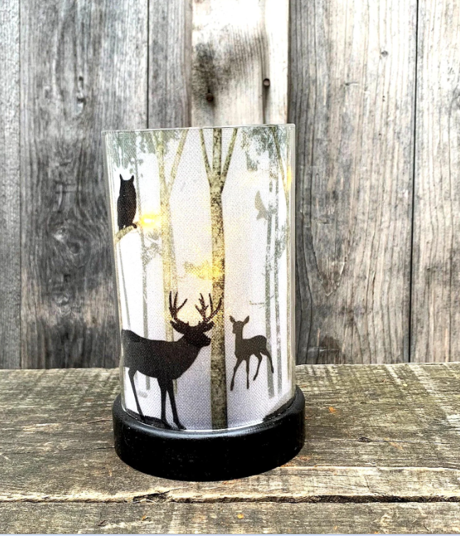 Rustic Deer LED Lantern Tabletop Wildlife Silhouette Forest Scene Night Light Cabin Lodge Lighting Decor