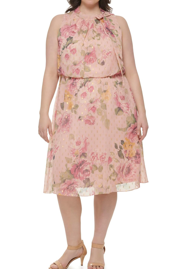 Jessica Howard Women's Fit and Flare Midi Dress with Tie Neck in Chiffon Lurex 22W Blush