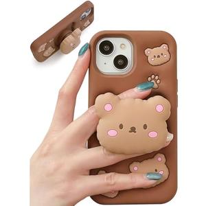 TUFTA Kawaii 3D Teddy Bear Phone Case for Samsung Galaxy a15  (with Retractable Phone Stand & Grip) Cute Girly Cartoon Soft Silicone Phone Cover for Girls, Kids, Teens, and Women, Brown 