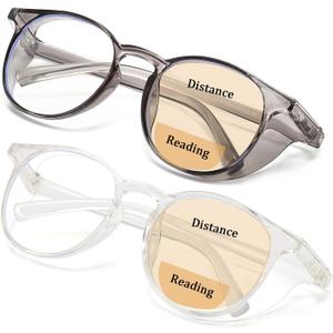 Outray 2 Pack Blue Light Reading Glasses Bifocal Safety Glasses with Readers Side Shields Anti-Saliva for Women Men (Transparent+grey)