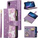 QLTYPRI Wallet Case for iPhone XR, Premium PU Leather Zipper Pocket Case with Card Holder Slots Magnetic Closure Kickstand Wrist Strap Shockproof Flip Cover - Purple Glitter Rose Flower