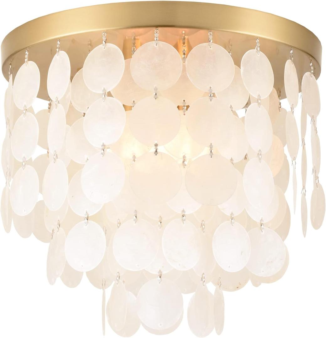 ALICE HOUSE 13.8" Capiz Shell Ceiling Light,Brushed Brass Finish, 3 Light Flush Mount Light for Bedroom, Hallway, Entryway ETL Listed, AL2608-S3