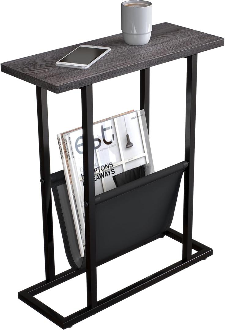 Yusong Narrow Side Table for Small Spaces, Small End Table with Magazine Holder, Skinny Slim Little Thin Table for Living Room, Bedroom, Sofa, Grey Oak (16.5"W)