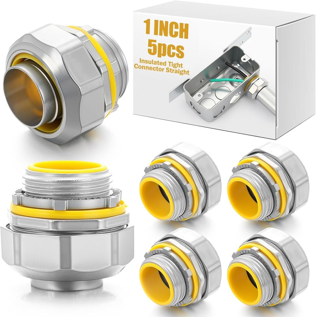 Gisafai 5 Pcs Liquid Tight Connector Straight Insulated Zinc Die Cast Metal Tight Electrical Conduit Fittings for 1 Inch Flexible and Type B Flexible