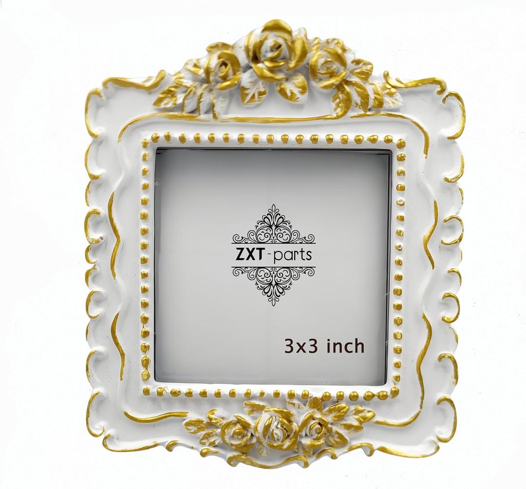 ZXT-parts 3x3 Picture Frame Square White and Gold Edge Frame. Resin Handmade Photo Frame. Glass Panel. Black Suede Cover.European Style Suitable for Wall or Desktop.