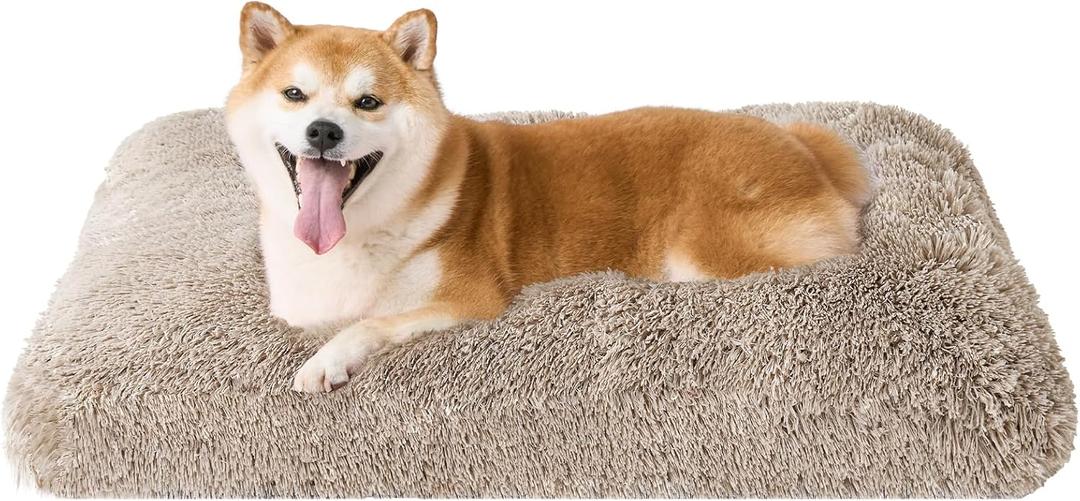 EHEYCIGA Fluffy Dog Crate Bed for Large Dogs, Plush Faux Fur Crate Pad, Calming Anti Anxiety Large Dog Bed, Washable Soft Warm Mat with Non-Slip Bottom, Taupe (35.4 x 23.6)