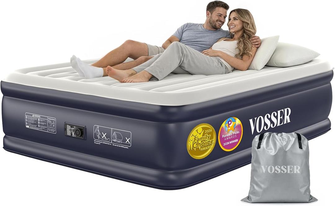 VOSSER Air Mattress Queen with Built-in Pump, 18" Raised Inflatable Blow Up Mattress, Upgraded Heavy Duty Portable Air Bed for Home, Guests, Floor & Camping, Self Inflating Colchon Inflable for Adults
