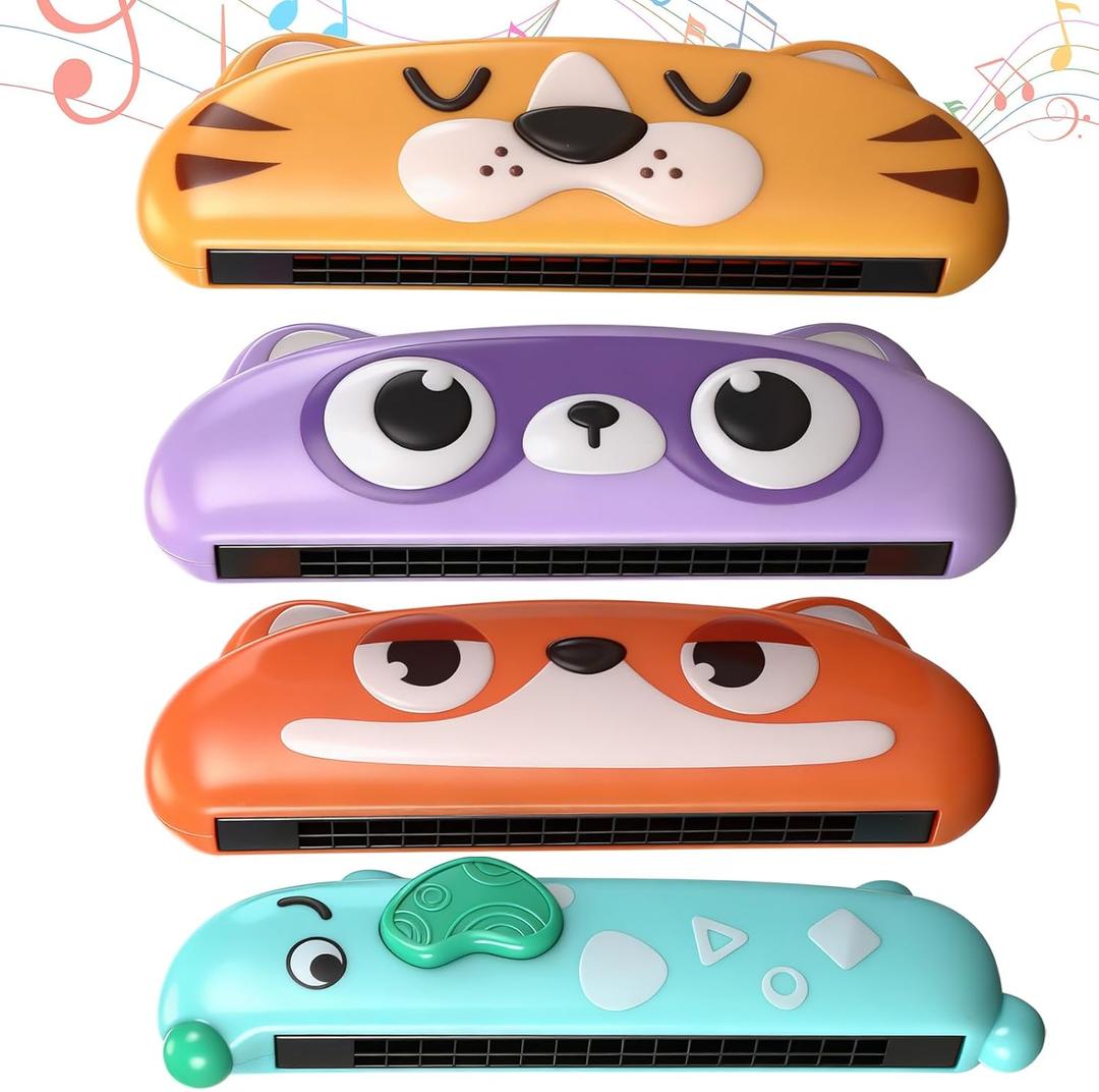 4 Pcs Harmonica for Kids Beginners Toddler Musical Instruments Toys 16 Hole Harmonica Easy to Learn C Key Cute Dog Tiger Fox Raccoon Mouth Organ Set Educational Toys for Baby Over 3 Years Old