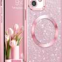DOMAVER for iPhone 12 Phone Case Magnetic [Compatible with MagSafe] Luxury Clear Glitter Shockproof Protective Cover Full Camera Lens Protector Women Girls- Pink