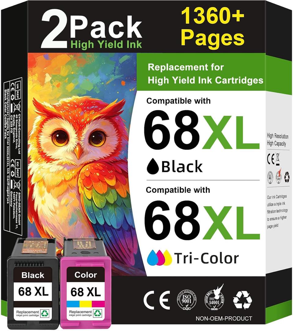 68XL 68 Ink Cartridges Black/Color Combo Pack Compatible for HP68 68 XL 68 Ink Cartridges for HP Printers Replacement for HP Ink 68 68e for Envy 6155e 6100e 6152e 6500e 6552e 6555e 6558e