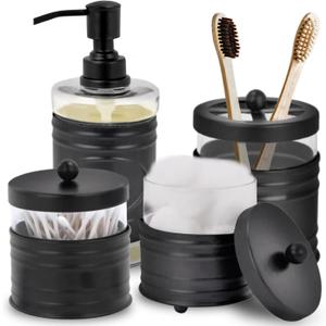 Autumn Alley Farmhouse Matte Black Bathroom Accessories Set (4 PCS) - Lotion Soap Dispenser, Black Toothbrush Holder Set, 2 Glass Apothecary Jars (Qtip Holder) - Rustic Bathroom Accessories Set