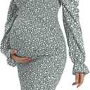 Maternity Spring Floral Midi Bodycon Dresses, Short Puff Sleeve Square Neck Ruffle Hem Mermaid Baby Shower Dress (Gray, XL)
