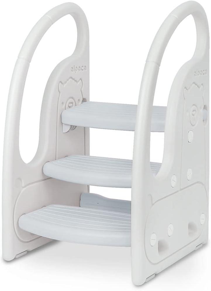 Toddler 3 Step Stool Onasti Kids Standing Tower for Toddlers Plastic Learning Helper Stool for Kitchen Counter Bathroom Sink Toilet Potty Training with Handles and Non-Slip Pads-Grey White (Gray)