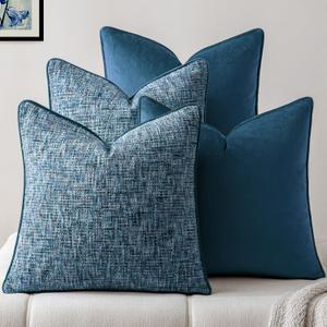 a moment Blue 4 Pack Throw Pillow Covers - Chenille & Velvet Set with Piping, Farmhouse Textured Design Cushion Cases for Couch Sofa Bed (20x20 Inch, No Insert)