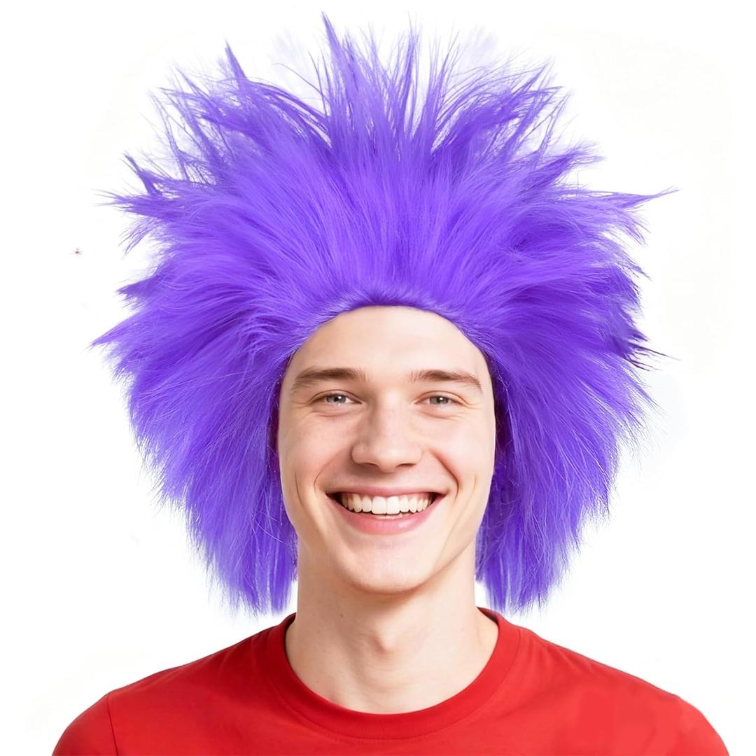 ANOGOL Hair Cap+ Purple Crazy Wig, Unique Spiky Funny Wigs, Short Crazy Hair, Funky Fuzzy Wigs, Wigs for Clowns, Short Purple Wig for Anime Cosplay, Halloween Costume Party Outfit