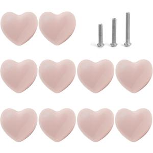 Ceramic Drawer Knobs Heart Shape Cabinet Dresser Pulls Handles with 3 Sized Screws, Kitchen Furniture Knobs for Closet Cupboard Wardrobe (10 Pack, Pink)