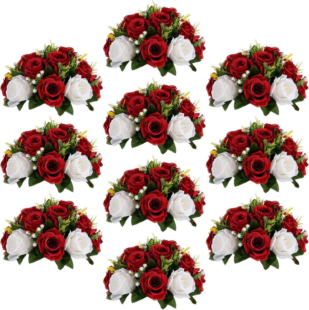 Sziqiqi Red Fake Flowers for Wedding Centerpiece Kissing Flower Balls for Tables Flower Centerpieces Arrangement for Party Road Lead (Crimson Red & White)