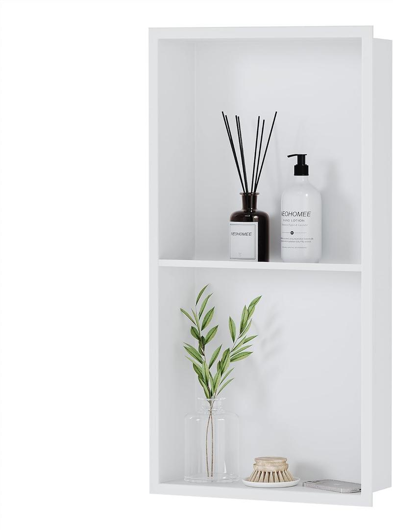 Neodrain No Tile Shower Niche, Stainless Steel Wall Niche 13.1"X25.1"(Inner Size 12"X24"), Two-Tier Bathroom Shelf, NO Tile Needed Recessed Storage for Bathroom Storage, White, 12X24In