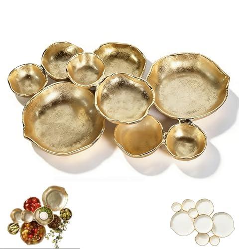 NUSQO Cluster Serving Tray for Charcuterie – 9 Piece Decorative Bowls Set for Entertaining, Elegant Appetizer Platter with Connected Snack Bowls, Modern Luxury Centerpiece (Gold)
