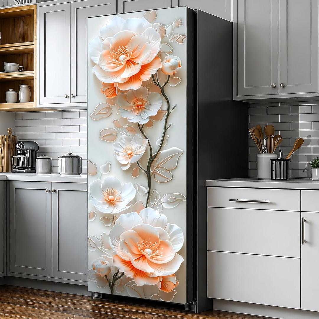 Cream White Floral Refrigerator Wrap Peel and Stick, Soft Orange Flower Fridge Door Sticker, Decorative Refrigerator Cover, 23.6 x 70.9 Inches (Flowers 5)
