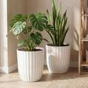 Briwooody 2 Pcs Tall Planter 15" Large Round Plastic Plant Pots with Drainage Hole and Tray White Modern Planter for Indoor Outdoor Plants Home Office Kitchen Bedroom Living Room Porch Patio Decor