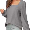 Dokotoo Women's Square Neck Puff Sleeve Casual Loose Ribbed Knit Soft Blouses Tuinc Tops (Medium, Medium Grey)