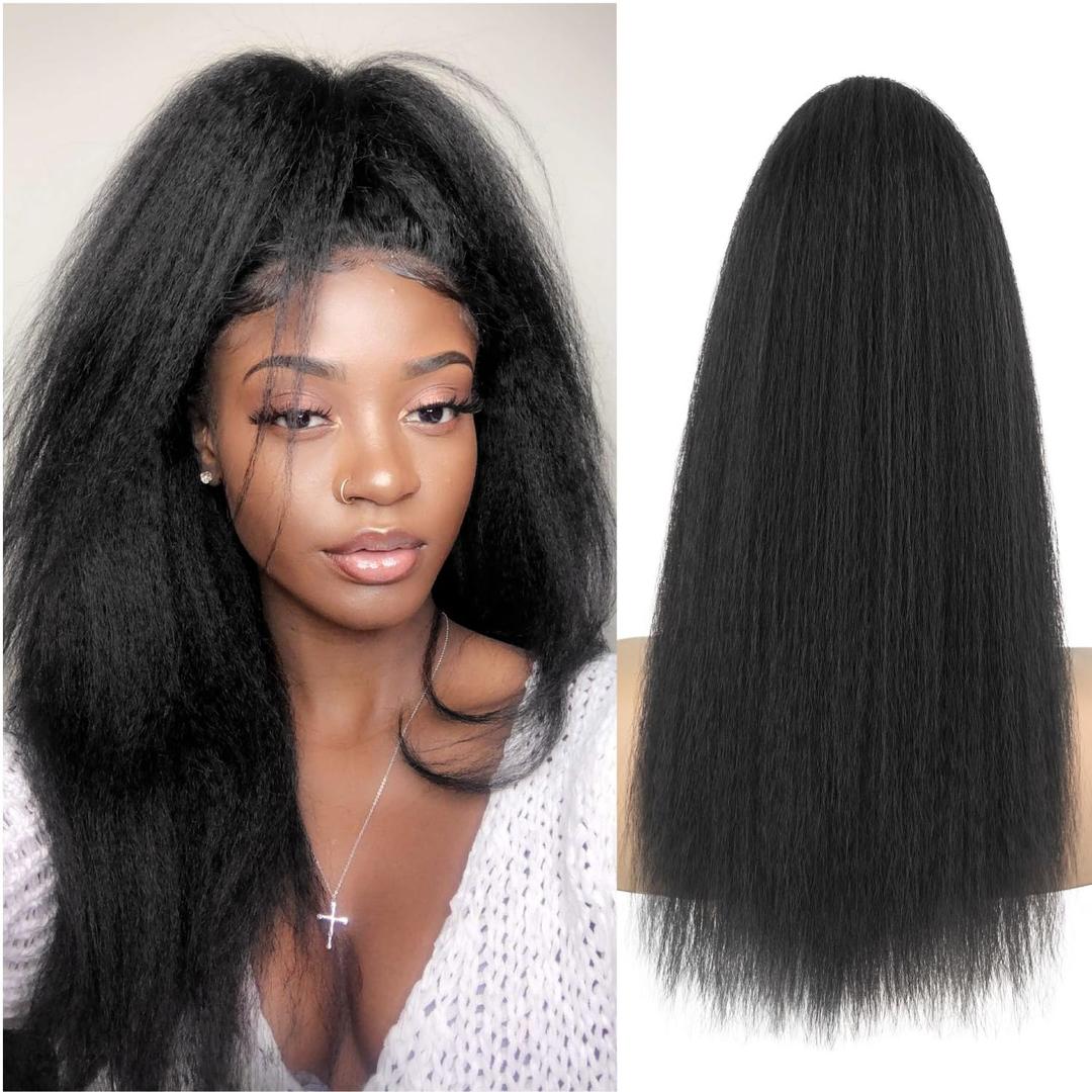 Long Yaki Straight Ponytail Extension for Black Women 20 Inch Natural Black Wrap Around Magic Paste Synthetic Clip in Ponytail Thick Kinky Straight Hair Pony Tail for Daily Use (1B)