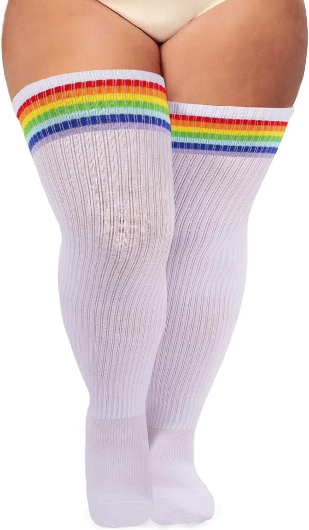Plus Size Thigh High Socks for Women Thick Thighs Cotton Knit Extra Long Over the Knee Leg Warmer (White & Rainbow Stripe)