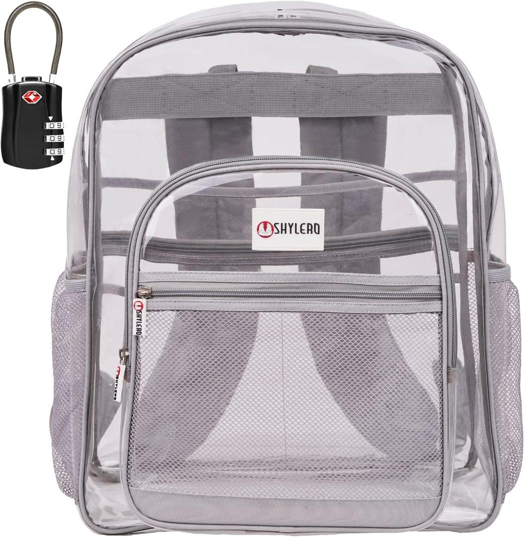 SHYLERO Clear Backpack Heavy Duty has TSA Lock, 2-WAY Zipper. PVC Transparent Backpack Is Extra Large - H18''xW14''xD8 - Light Gray