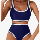 Herseas Bikini Sets for Women Shell Stitch Swimsuits 2026 Summer Plus Size High Waisted Stretchy Bathing Suits Modest Pool Swimming Essentials Blue Beach Vacation Clothes Large