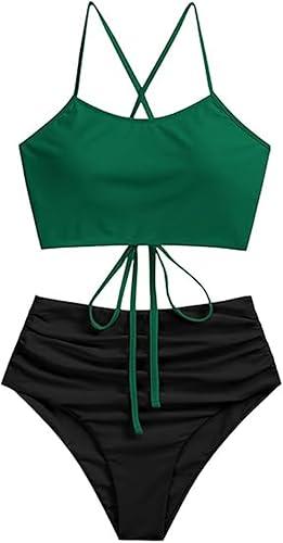 ZAFUL Women's Ruched High Waisted Tankini Swimsuit Criss Cross Bikini Set Tummy Control Bathing Suit 6