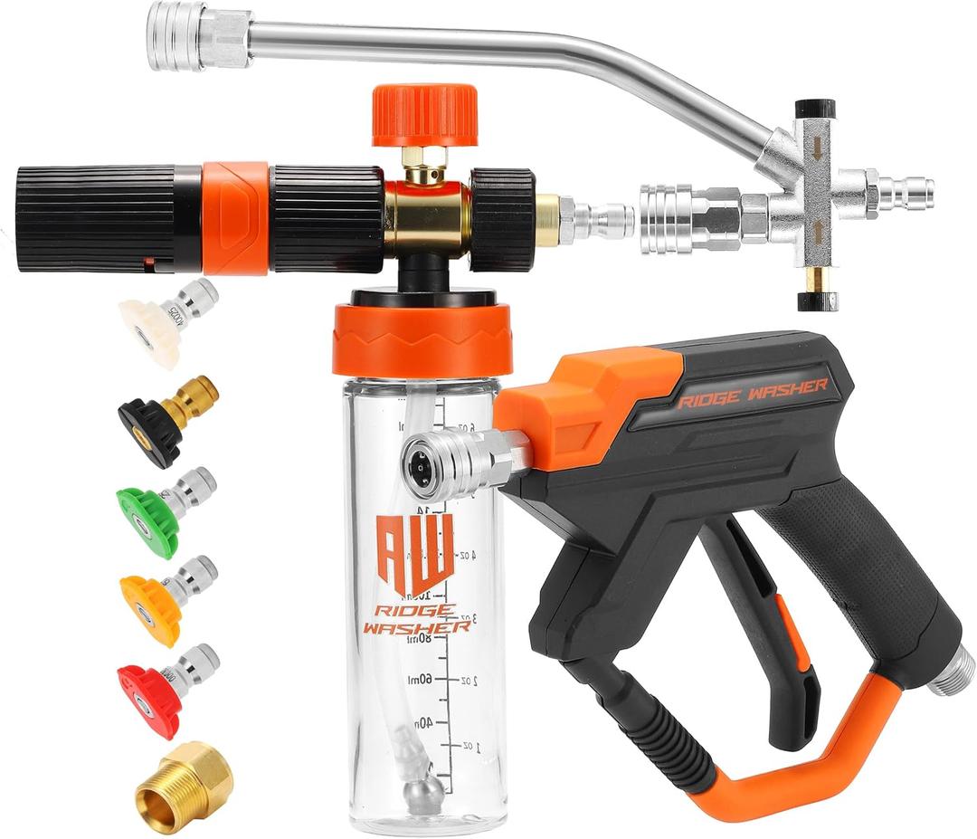 RIDGE WASHER Pressure Washer Gun Mini Foam Cannon with Dual Connector Accessory, No Dilution Required, Stainless Steel Gun for Foam Blaster, 1/4" Quick Connect, 4000 PSI, 200 ML